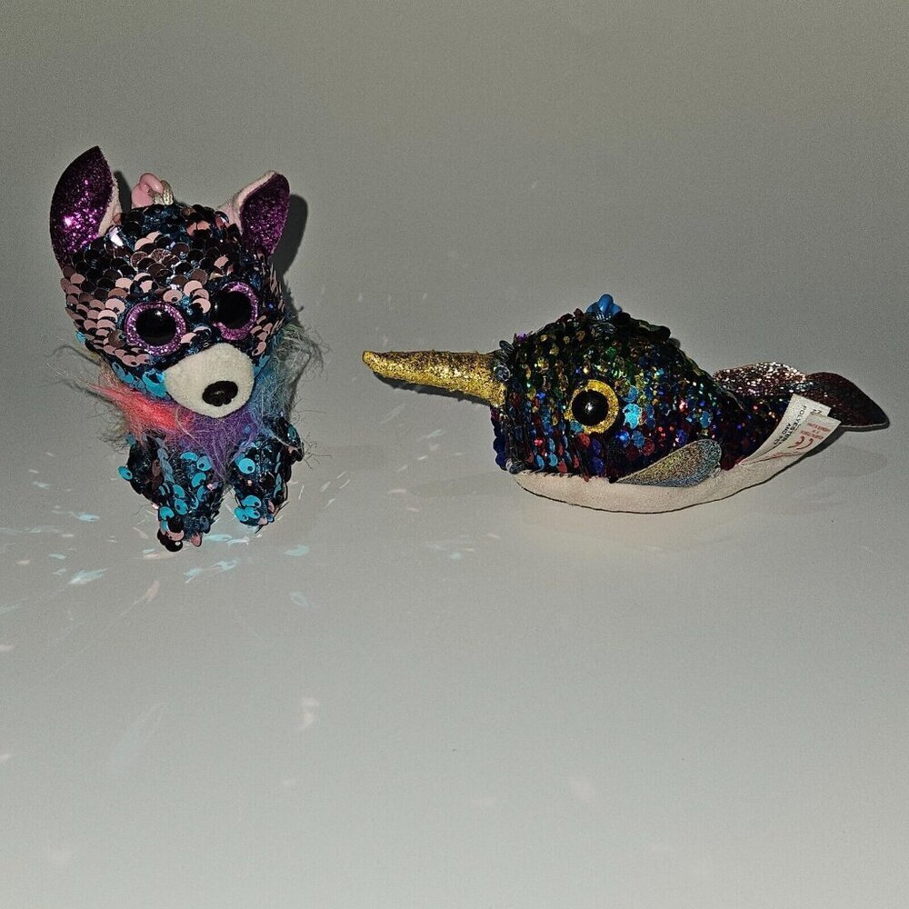 2 Ty Plush Backpack Clip Lot Sequin Flippable Reverse Yappy Dog Calypso Narwhal